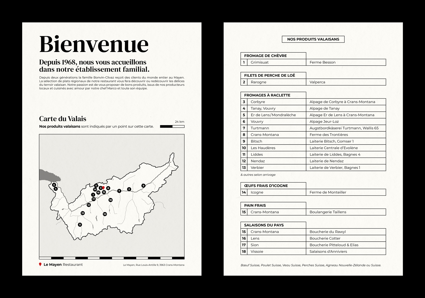 Carte des mets pour Le Mayen Restaurant, réalisé par Calea